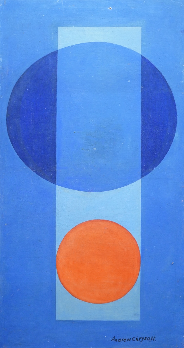Andrew Chrysafi (b.1938), Untitled geometric abstract composition, signed, mid century oil on canvas, unframed, 114 x 61cm